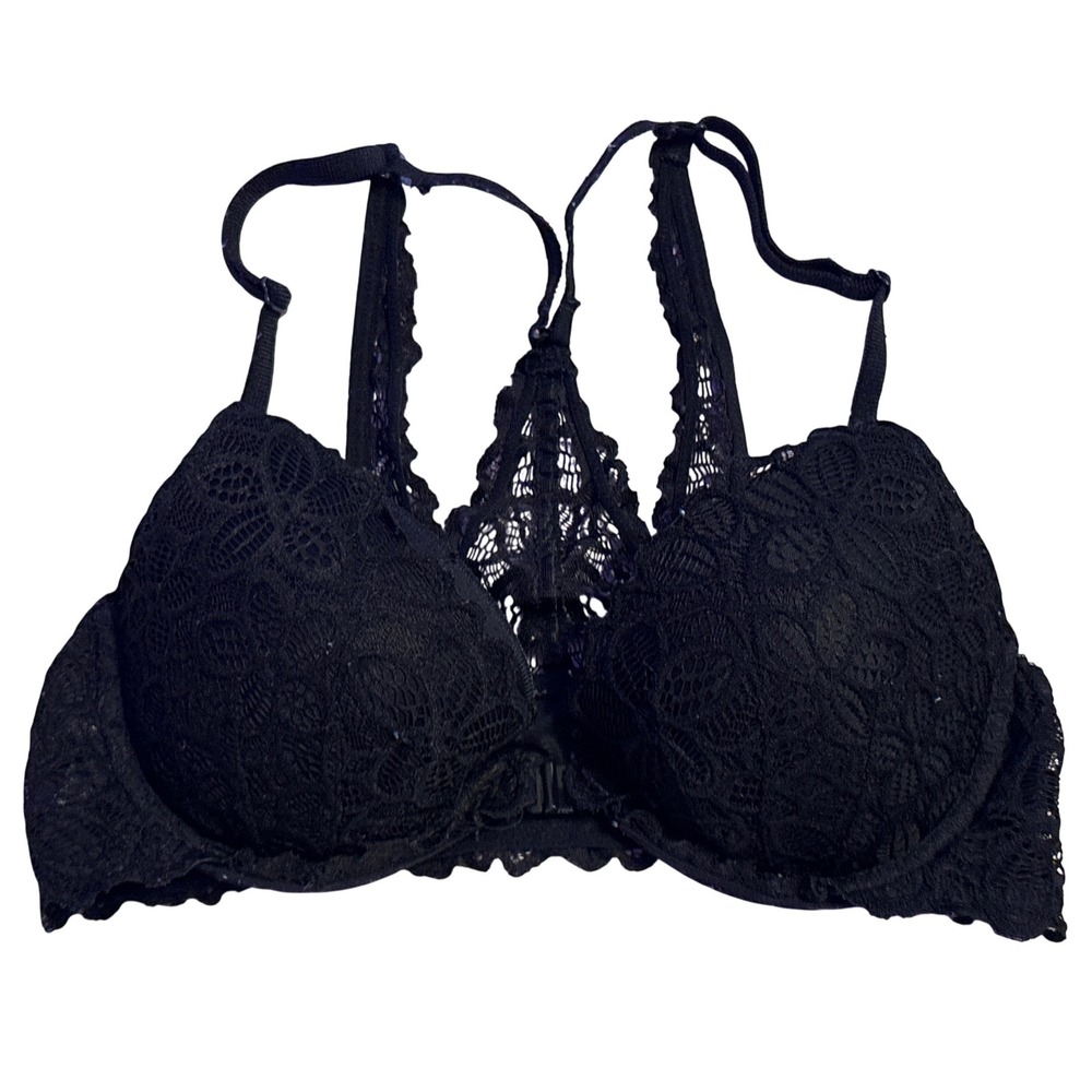 PINK Victoria's Secret Black Lace Front Close Racerback Push Up Bra 34B